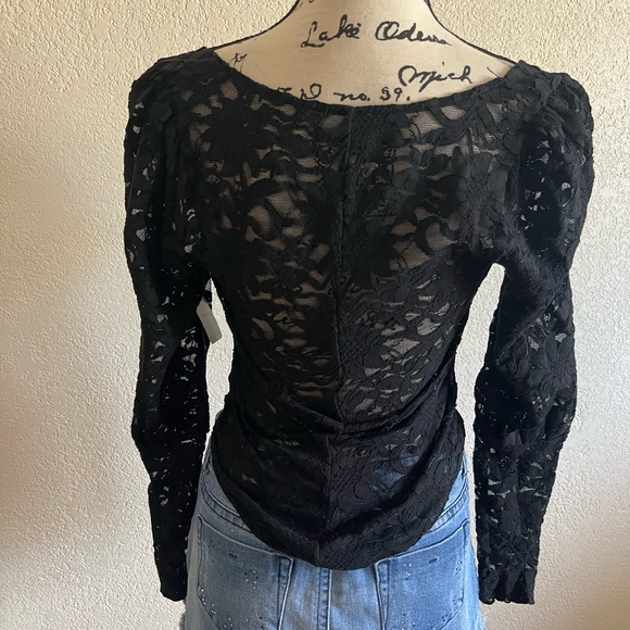Free People Intimately Womens Sheer Black Floral Lace Long Sleeve Top - Picture 2 of 6